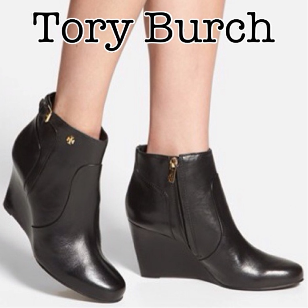 Tory Burch Milan Black Leather Wedge Booties Size 7